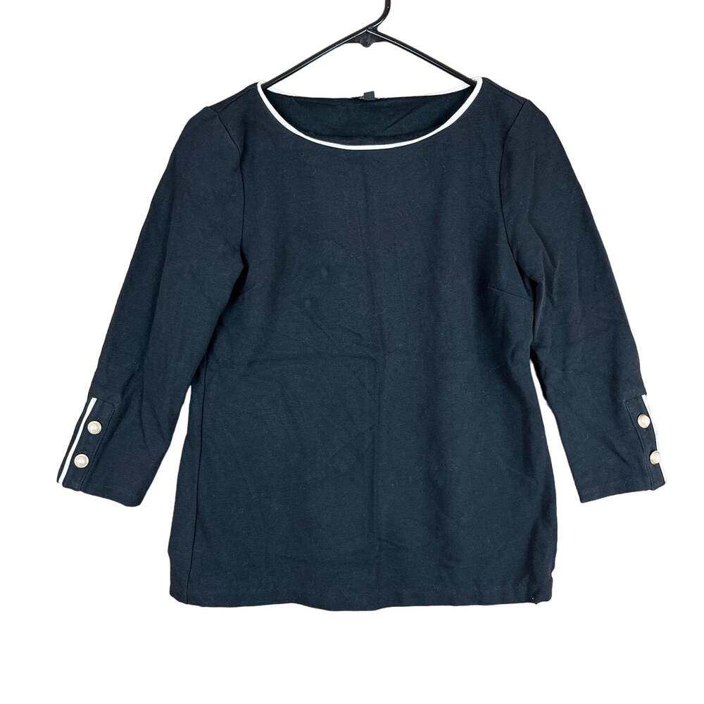 Talbots Womens Shirt Black Ponte Petite 3/4 Sleeve Pearl Button Cuff Side Zip SP